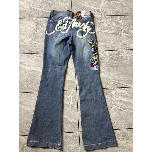 Ed Hardy Denim - Ed Hardy Slim Flare Jeans Womens 26 Medium Vintage Blue Tattoo Embroidered Logo